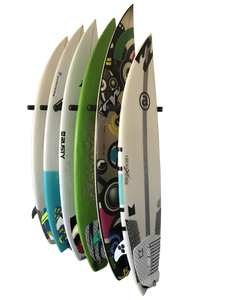 Wall mounted vertical surfboard racks powder coated black to hold 6 boards