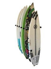 Load image into Gallery viewer, Wall mounted vertical surfboard racks powder coated black to hold 6 boards