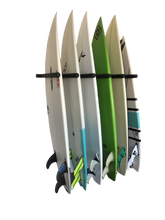 Load image into Gallery viewer, Wall mounted vertical surfboard racks powder coated black to hold 6 boards
