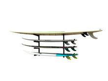 Load image into Gallery viewer, Wall mounted surfboard racks powder coated black to hold 4 surfboards or mal