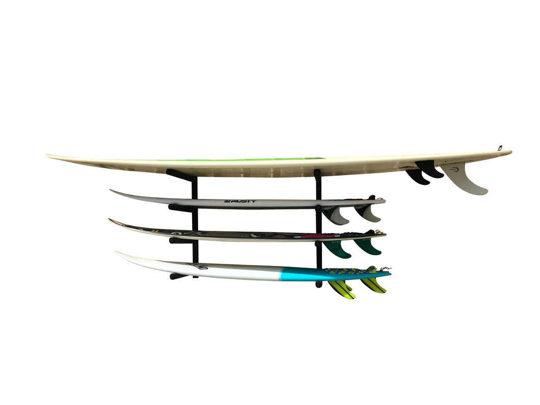 Wall mounted surfboard racks powder coated black to hold 4 surfboards or mal