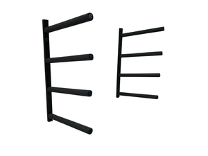Wall mounted surfboard racks powder coated black to hold 4 surfboards or mal