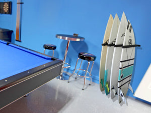 Wall mounted garage vertical surfboard racks powder coated black to hold 4 boards